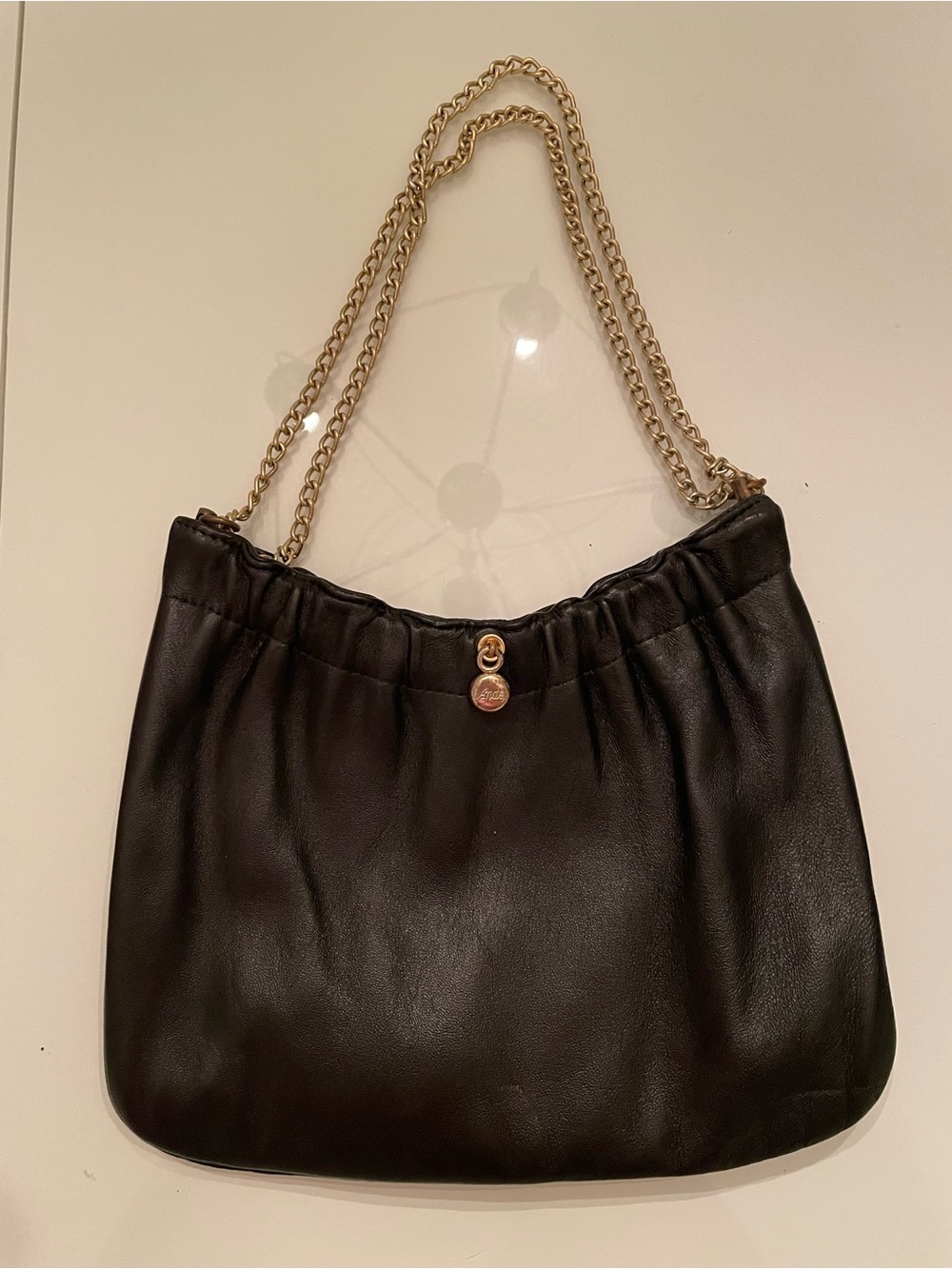 Elegant Black Leather Mini Shoulder Bag with Gold Chain - vintage ande